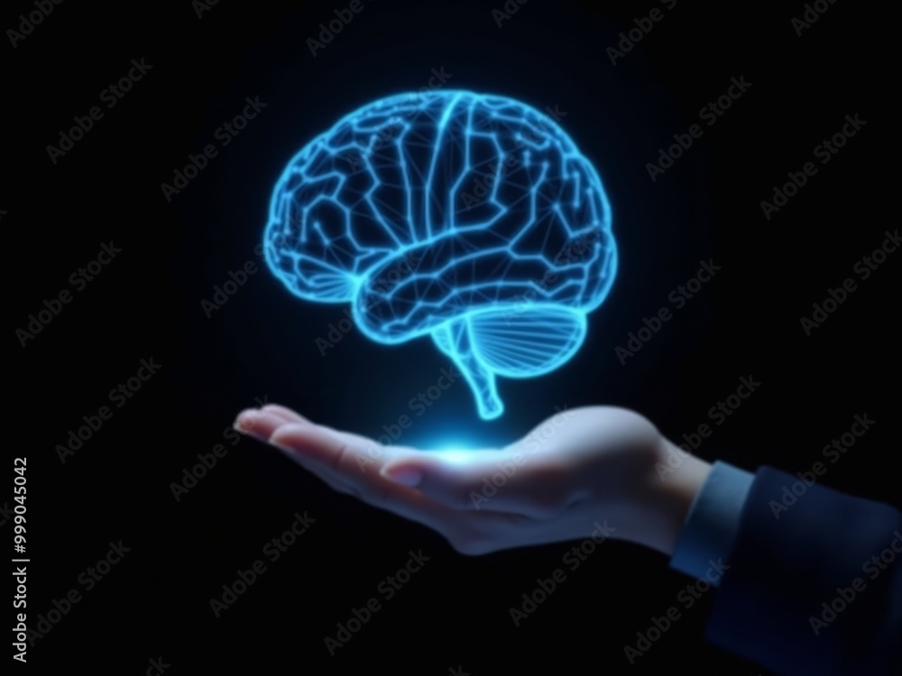 hologram of hand holding brain on black background hologram of hand holding brain on black background