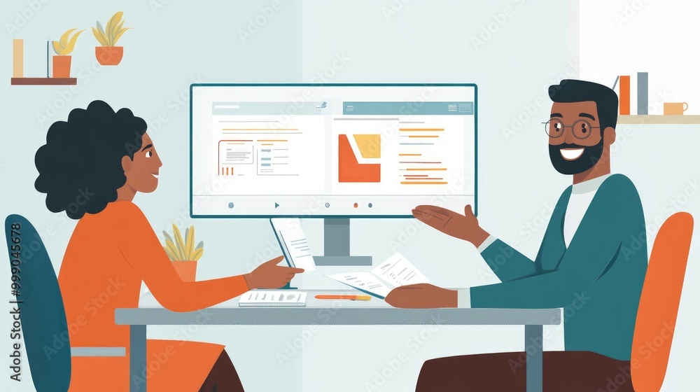 A man and woman are sitting at a desk, looking at a computer screen. They are discussing the data on the screen. A man and woman are sitting at a desk, looking at a computer screen. They are discussing the data on the screen.
