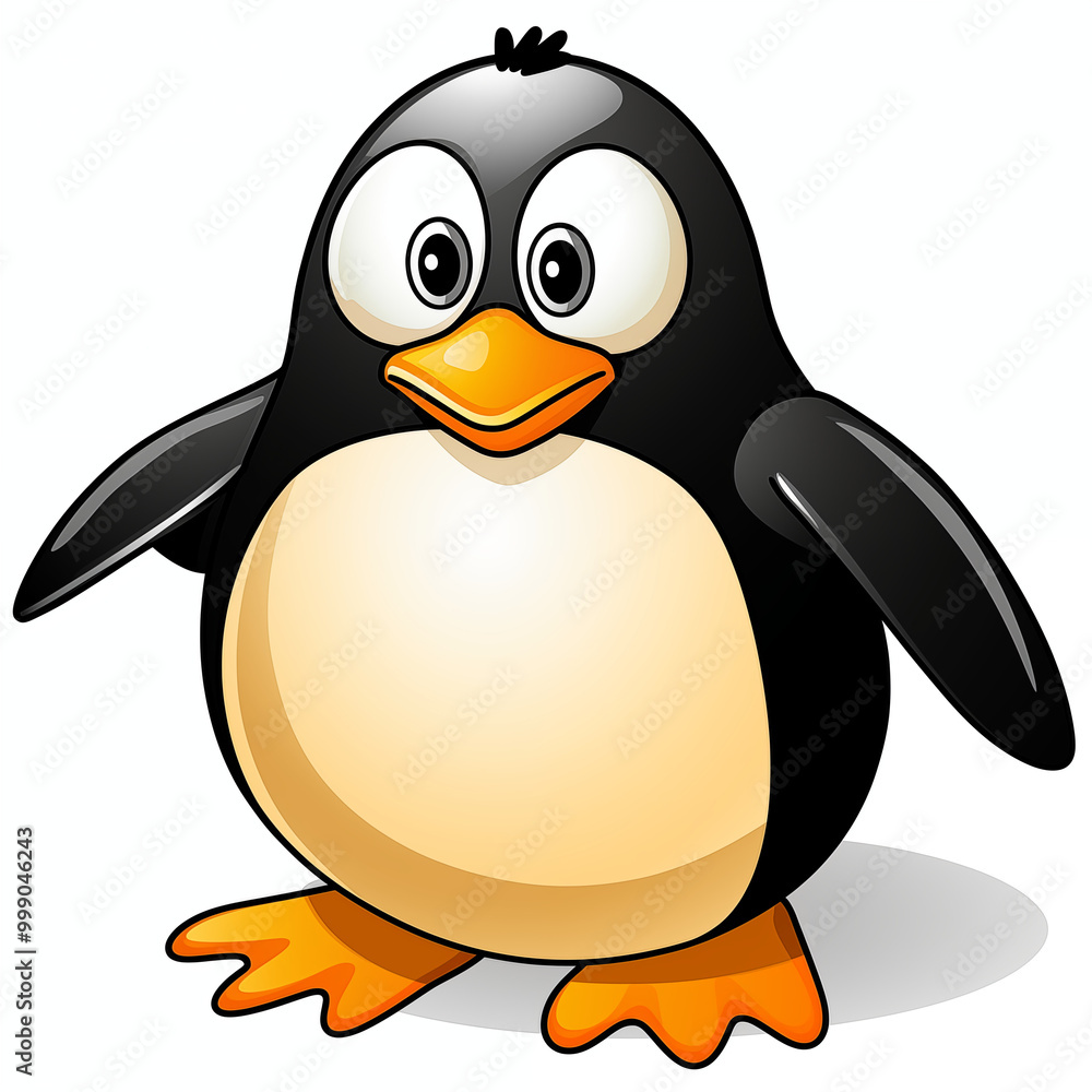 Fototapeta premium Adorable Cartoon Penguin Standing with Open Flippers on White Background