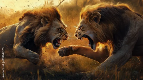 Obraz Dwa potężne lwy zarykują w walce o dominację, ich majestatyczne grzywy falują w rytm ich intensywnego starcia. 