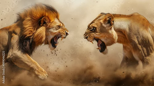 Obraz Dwa potężne lwy zarykują w walce o dominację, ich majestatyczne grzywy falują w rytm ich intensywnego starcia. 