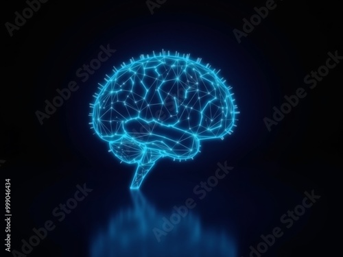 glowing human brain hologram on black background