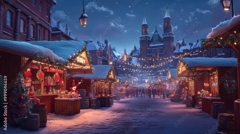 Fototapeta premium A snowy European Christmas market street lined with wooden stalls and decorated with festive lights and greenery at night