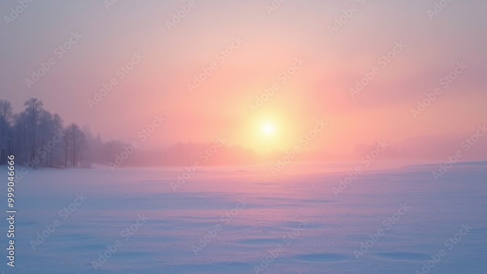 Fototapeta premium Generative AI, a snowy landscape with trees and a sunset in the background with a pink sky and a sun setting over a mountain, sunrise, a matte painting, dau-al-set
