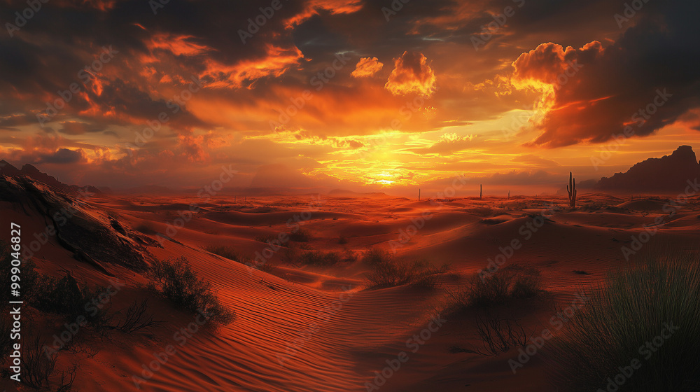 Naklejka premium W blasku zachodzącego słońca, pustynia zamienia się w surrealistyczny krajobraz.