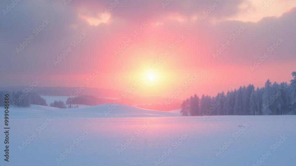 Fototapeta premium Generative AI, a snowy landscape with trees and a sunset in the background with a pink sky and a sun setting over a mountain, sunrise, a matte painting, dau-al-set