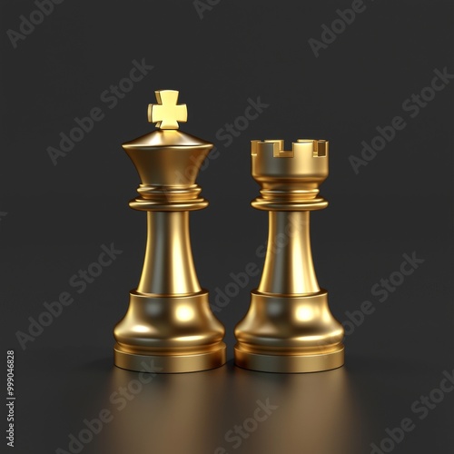 Isolated golden chess pieces on dark background