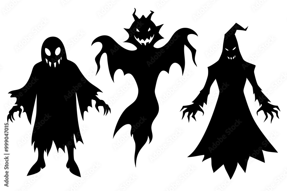 Fototapeta premium Halloween evil spirit silhouette. Scary nightmare ghost characters, spooky phantom demons mascots set. Torn Clothes ghost silhouettes