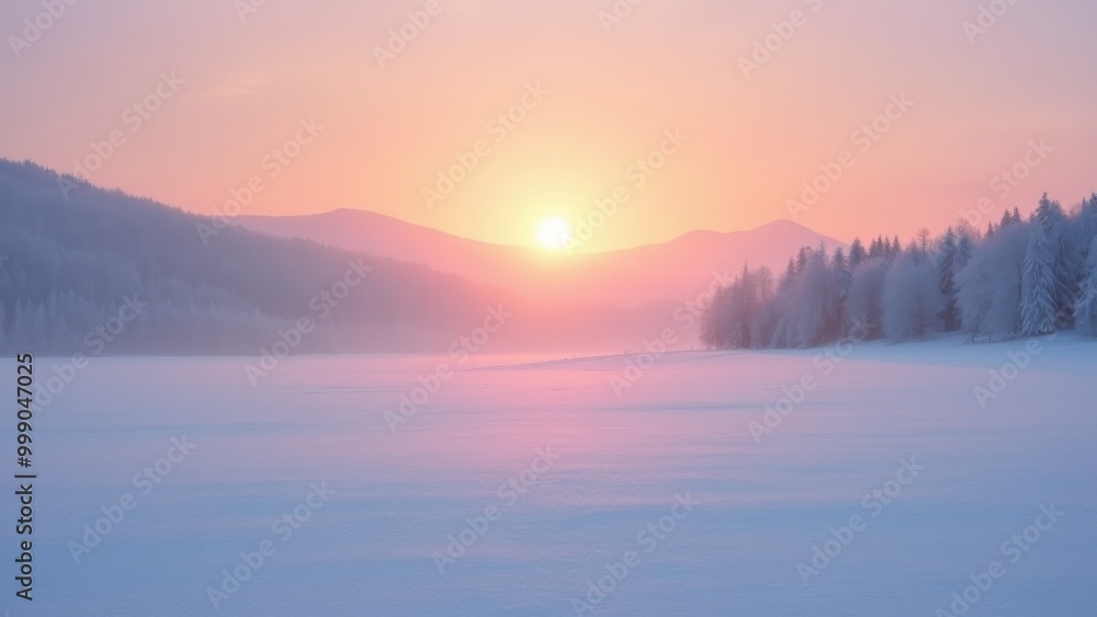 Fototapeta premium Generative AI, a snowy landscape with trees and a sunset in the background with a pink sky and a sun setting over a mountain, sunrise, a matte painting, dau-al-set