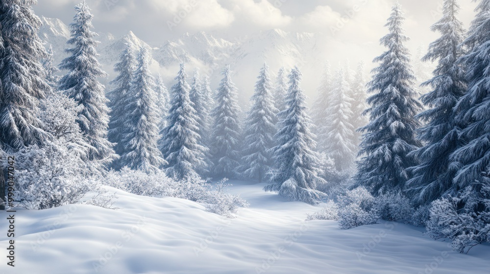 Snow-Covered Fir Trees and Mountains in a Winter Wonderland Snow-Covered Fir Trees and Mountains in a Winter Wonderland