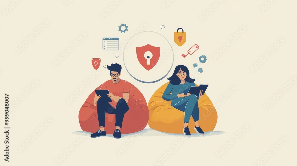 Two people sitting on beanbags using tablets with a shield and padlock icon. Two people sitting on beanbags using tablets with a shield and padlock icon.