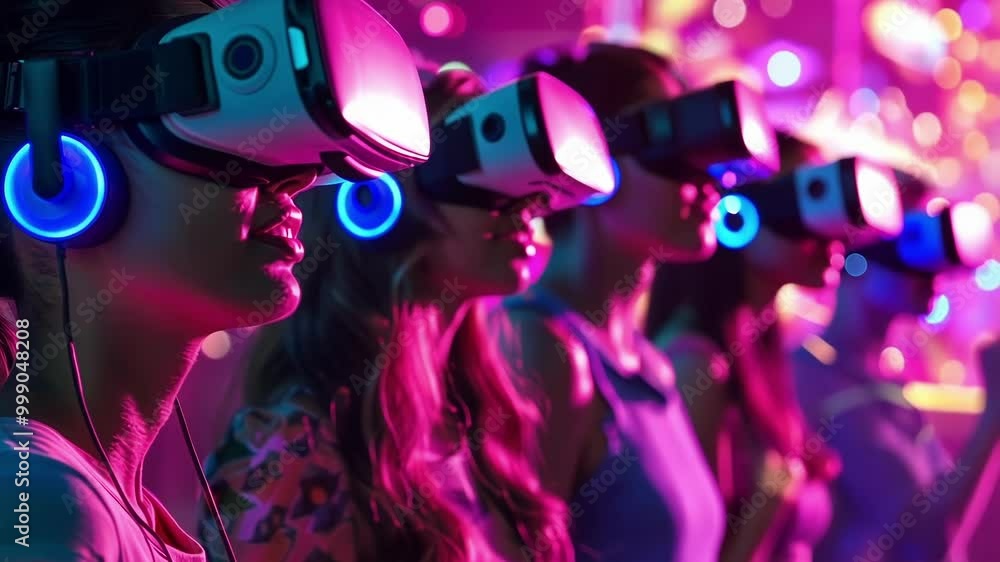 Diverse group in vr helmets and headphones immersed in 360 degree experience with special effects, enjoying futuristic simulation in neon filled digital world Diverse group in vr helmets and headphones immersed in 360 degree experience with special effects, enjoying futuristic simulation in neon filled digital world