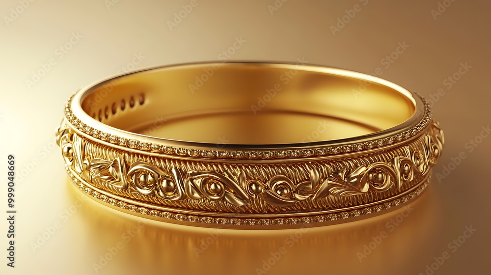 A close-up of a gold bangle bracelet with an ornate design. A close-up of a gold bangle bracelet with an ornate design.