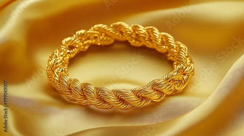 A thick gold bracelet with a rope design, resting on a golden silk fabric.