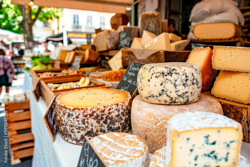 Various types of cheese on market stall in France