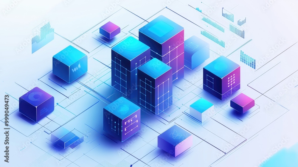 Abstract 3D illustration of interconnected data cubes and digital network. Abstract 3D illustration of interconnected data cubes and digital network.