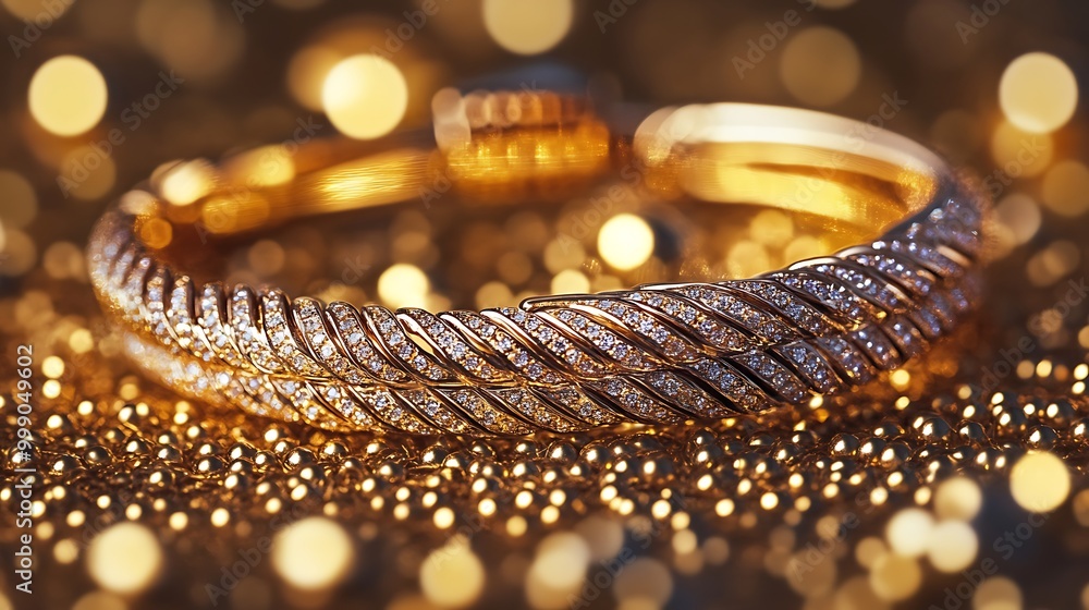 A gold bracelet with diamonds resting on a bed of gold beads. A gold bracelet with diamonds resting on a bed of gold beads.
