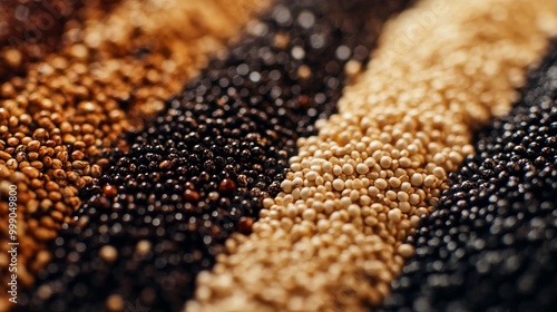 Several grains in various shades and shapes arranged on a table with a brown, black, yellow, and white palette in high-resolution