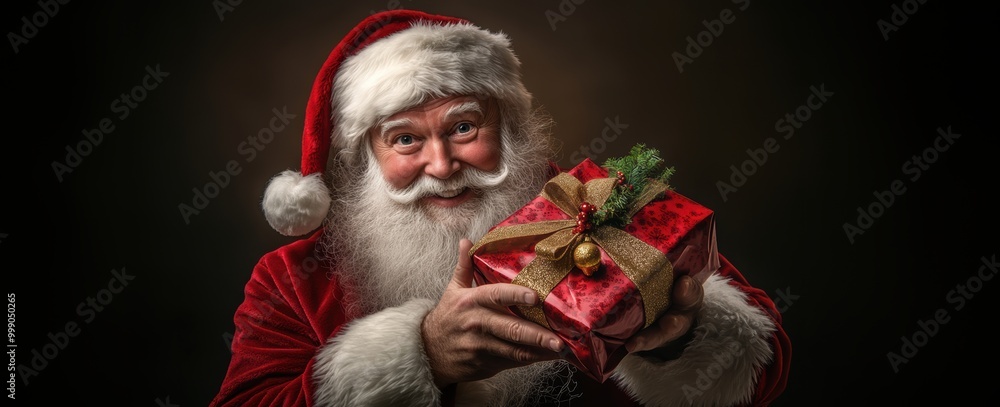 Christmas Santa Claus with Gift on dark Background Christmas Santa Claus with Gift on dark Background