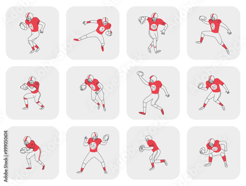Set of cards, stickers with American football players in different dynamic poses. Player holds the ball. Vector doodle hand drawn illustration