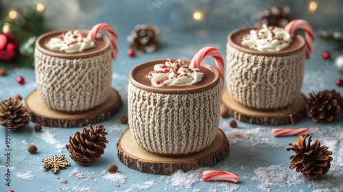 A wooden platter surrounded by festive decorations holds two mugs of steaming cocoa with marshmallows and festive Christmas embellishments