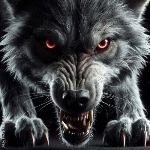 Intense Close-Up of a Wolf Hunting with Piercing Red Eyes and a Menacing Growl