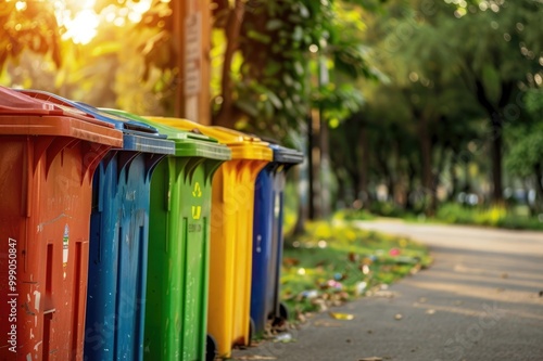 Different color recycling bins in city park bins for collection of recycle materials.