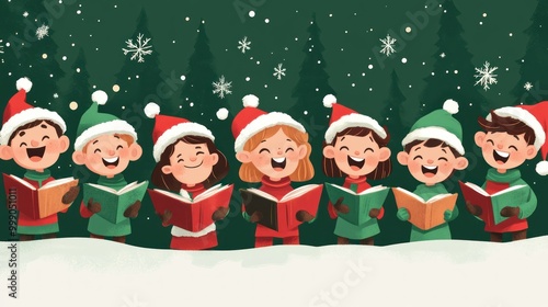 A group of children singing carols in a winter forest