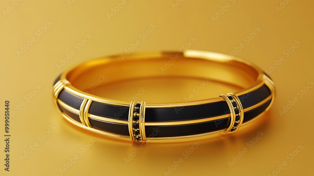 A gold bangle with a black enamel band accented with tiny black diamonds. A gold bangle with a black enamel band accented with tiny black diamonds.