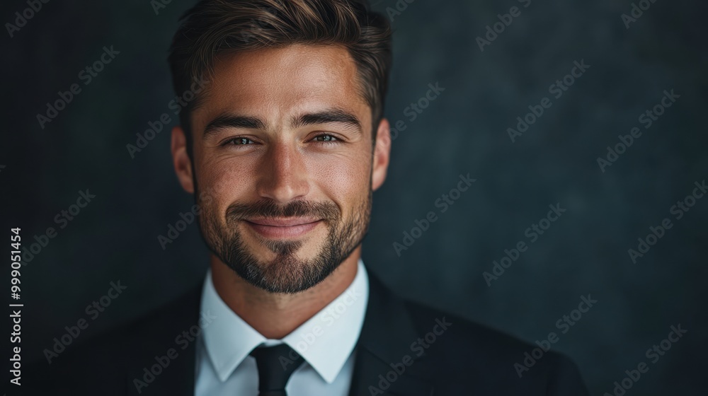 Smiling businessman with beard dressed in a black suit, posing confidently in front of a dark background. Professional corporate headshot for business or executive role representation. Smiling businessman with beard dressed in a black suit, posing confidently in front of a dark background. Professional corporate headshot for business or executive role representation.