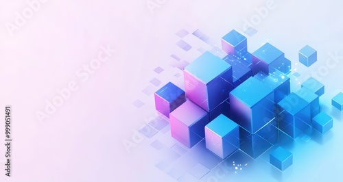 Abstract background with blue and pink cubes on a light background with light streaks and a slight depth of field.