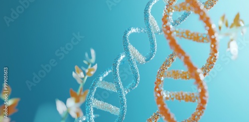 Floating chromosomes with telomeres on blue background - illustration showing science and anti aging technology photo