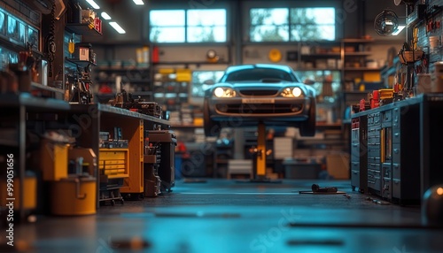 Wallpaper Mural Car maintenance with tools and a car on a lift in a garage, organized workspace, sharp focus, bright lighting, high detail Torontodigital.ca