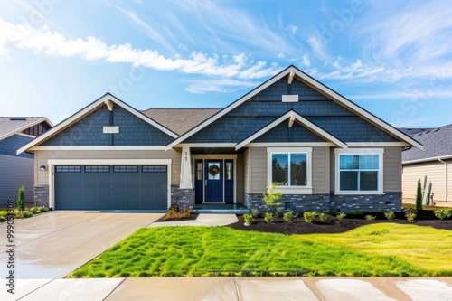 front view of a new, modern, beautiful home in Oregon, with a beige and gray color scheme and dark grey accents, a blue front door, garage, green grass, and a clear sky.