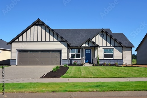 front view of a new, modern, beautiful home in Oregon, with a beige and gray color scheme and dark grey accents, a blue front door, garage, green grass, and a clear sky.