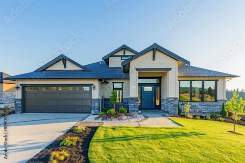 front view of a new, modern, beautiful home in Oregon, with a beige and gray color scheme and dark grey accents, a blue front door, garage, green grass, and a clear sky.