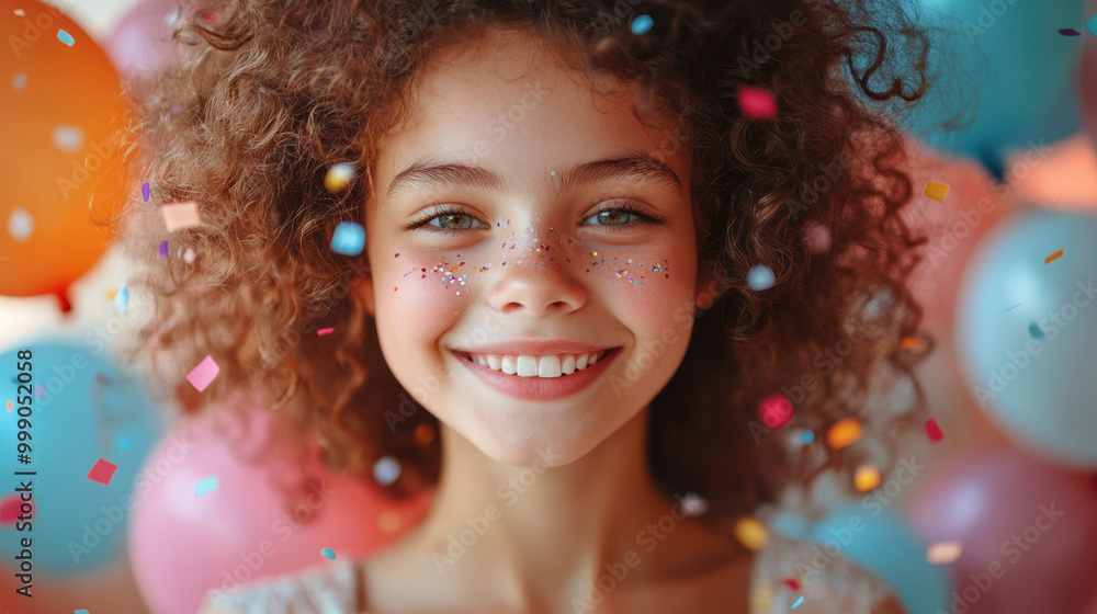 Smiling young girl with curly hair and colorful confetti on her face standing in front of balloons. Joyful child celebrating a fun birthday party Smiling young girl with curly hair and colorful confetti on her face standing in front of balloons. Joyful child celebrating a fun birthday party
