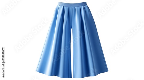 A pair of light blue, pleated wide-leg pants isolated on a white background.