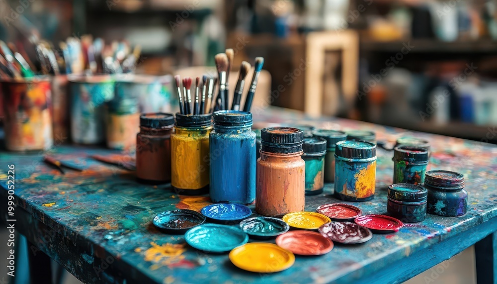 DIY crafts with materials like paint, paper, and scissors spread on a table, creative atmosphere, close-up, sharp focus DIY crafts with materials like paint, paper, and scissors spread on a table, creative atmosphere, close-up, sharp focus