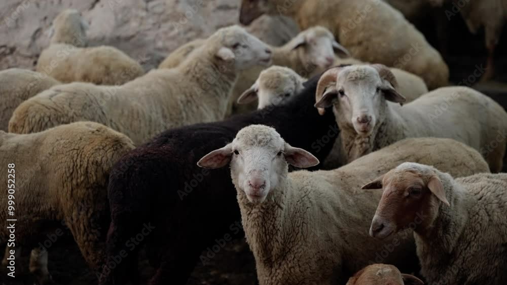 Flock of sheep and goats stands in their pen, staring curiously at the camera. Captured in slow motion, the scene highlights their inquisitive nature and farm setting Flock of sheep and goats stands in their pen, staring curiously at the camera. Captured in slow motion, the scene highlights their inquisitive nature and farm setting