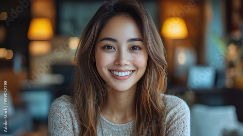 Portrait of a young woman smiling warmly in a cozy indoor setting with soft lighting, showing confidence and natural beauty in a casual environment, lifestyle and comfort