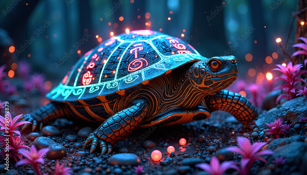 Magic Glowing Turtle with Neon Symbols in a Fantasy Forest. Magic Glowing Turtle with Neon Symbols in a Fantasy Forest.