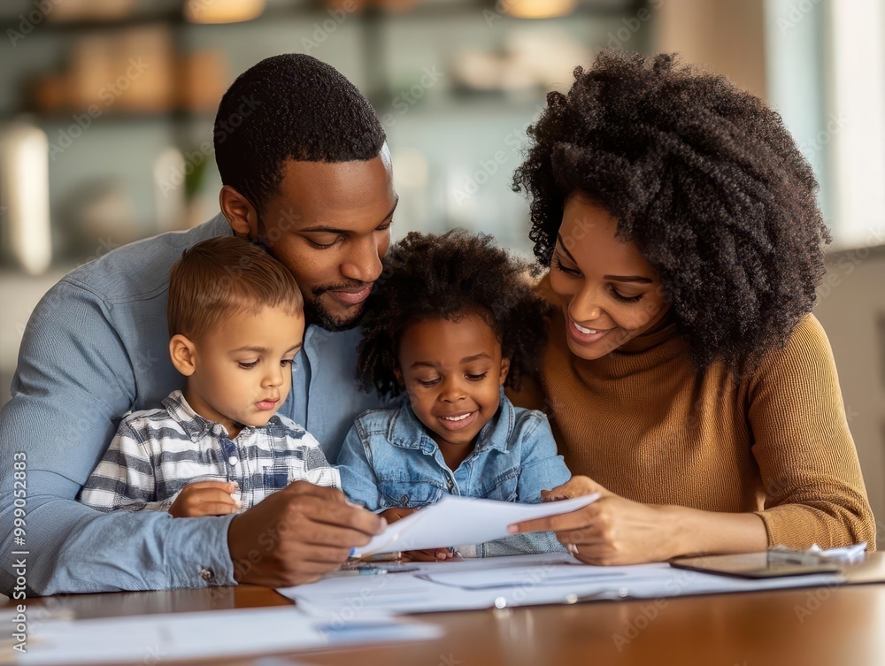Financial security planning session with a family reviewing insurance and savings options, organized setting, sharp focus Financial security planning session with a family reviewing insurance and savings options, organized setting, sharp focus