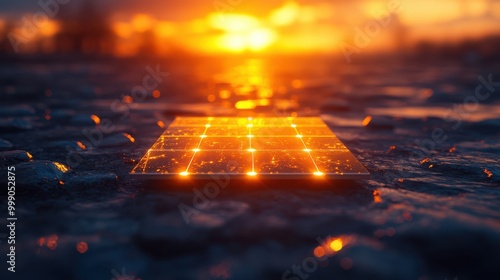 Solar panel glowing on wet cobblestones at sunset, representing renewable energy, sustainability, innovation, solar power, futuristic technology, green energy, environmental impact, alternative power  photo