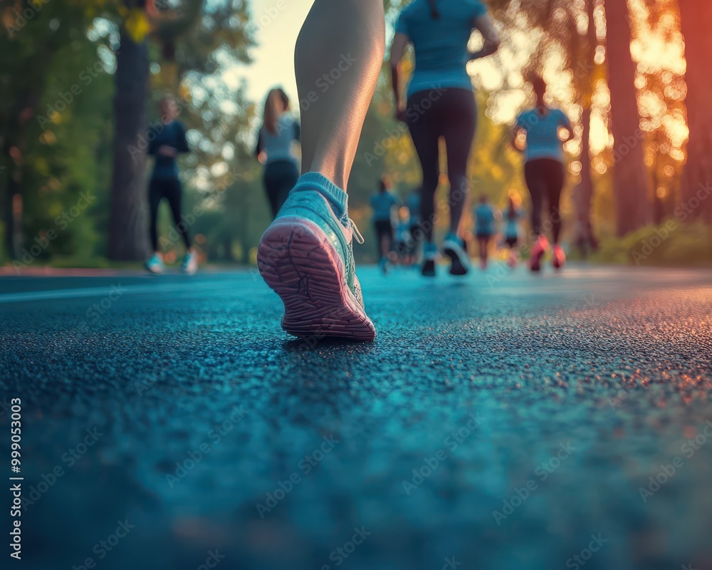 Fototapeta premium Fitness challenge with a group of people exercising outdoors, active environment, sharp focus, bright lighting, high detail