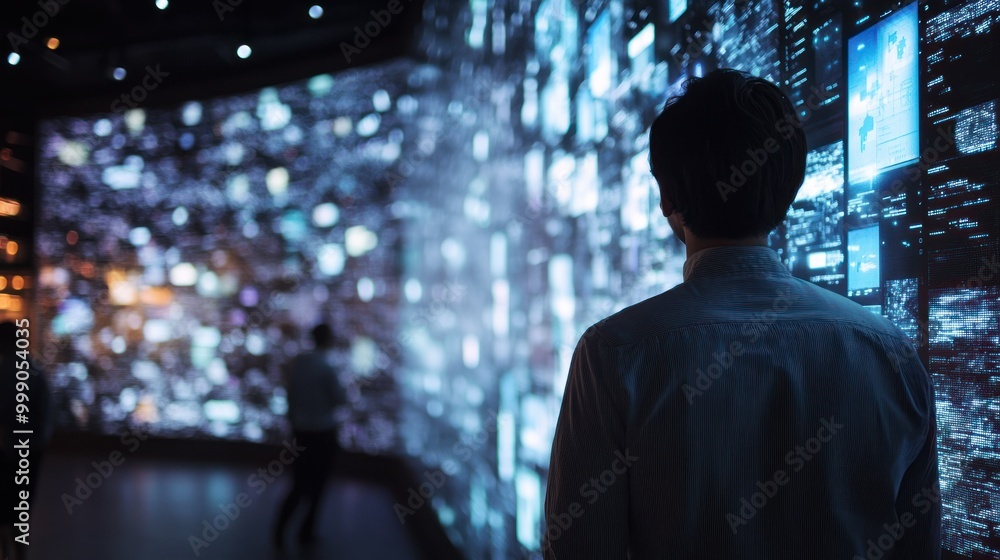 A Man Stands Facing a Wall of Data Displays A Man Stands Facing a Wall of Data Displays