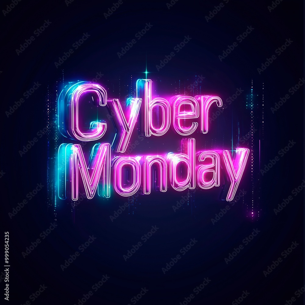 Obraz premium Colorful neon Cyber Monday text against a dark background, Neon Cyber Monday Banner, Text and Title of Cyber Monday, Cyber Monday promotional advertising
