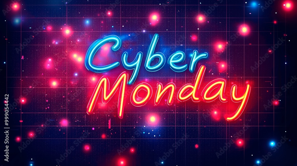 Bright neon Cyber Monday text glowing against a colorful background, Neon Cyber Monday Banner, Text and Title of Cyber Monday, Cyber Monday promotional advertising Bright neon Cyber Monday text glowing against a colorful background, Neon Cyber Monday Banner, Text and Title of Cyber Monday, Cyber Monday promotional advertising