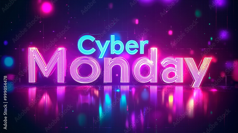 Fototapeta premium Vibrant display of colorful lights celebrating Cyber Monday sales event, Neon Cyber Monday Banner, Text and Title of Cyber Monday, Cyber Monday promotional advertising