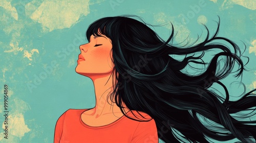 This is a stunning cartoon illustration of a beautiful anime girl with long, curly hair blowing in the wind, delicate facial features, and closed eyes in a minimalist composition with plenty of copy